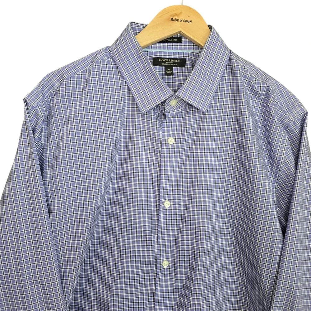Banana Republic Dress Shirt Mens XL Lavender‎ Button Up Plaid Grant Fit Non Iron